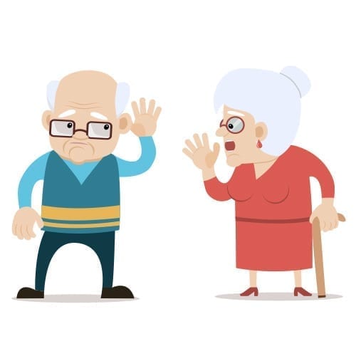 Cartoon image of older man having trouble hearing his wife