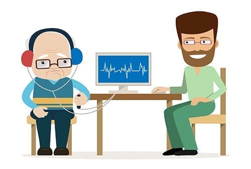 cartoon of elderly man doing hearing test